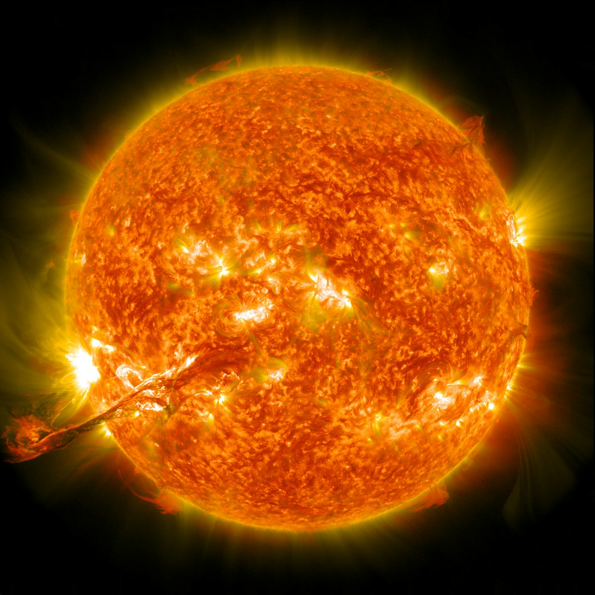 A coronal mass ejection erupting from the surface of the sun, photographed by NASA. The sun rotates once every 27 days as seen from Earth, which is why some aurora storms arrive on a schedule.