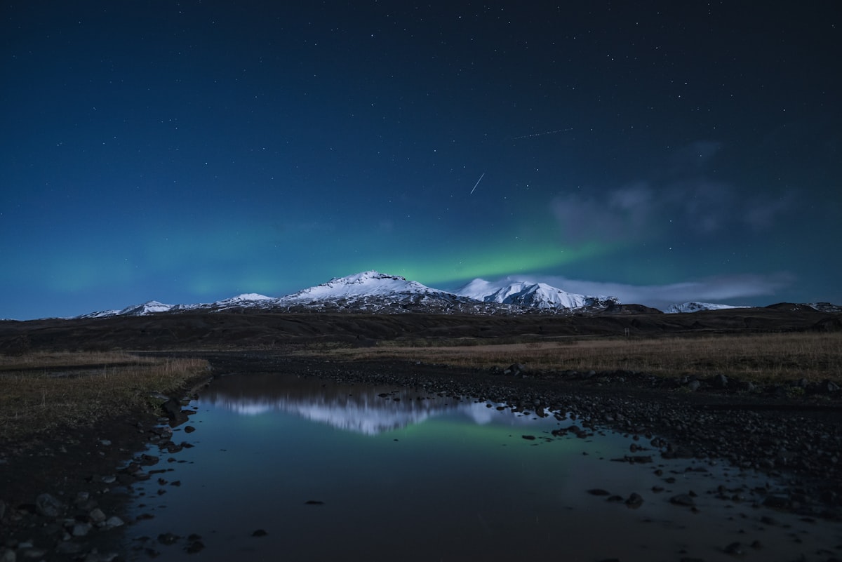 Mild northern lights over a snow-covered Icelandic mountain reflected in a river, with the landscape brightly lit by a full moon