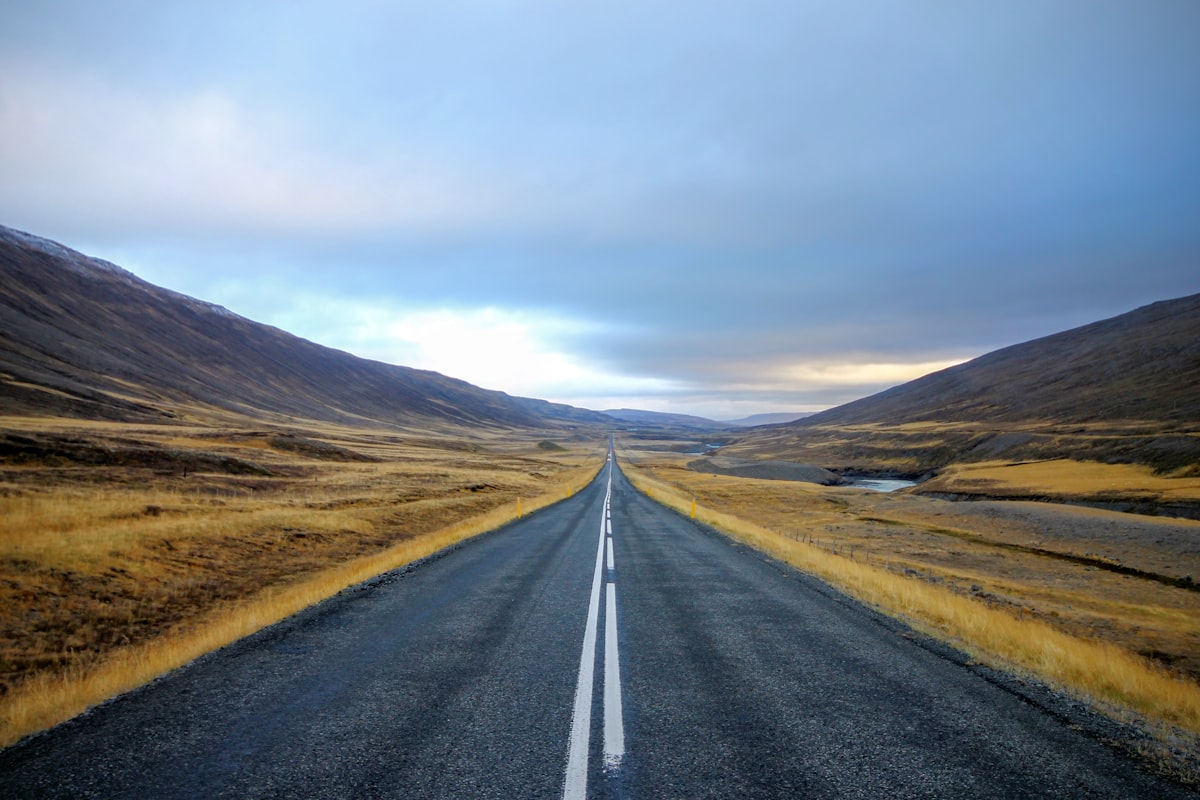 Open asphalt road stretching across an empty grass landscape in Eastern Iceland under a wide sky.