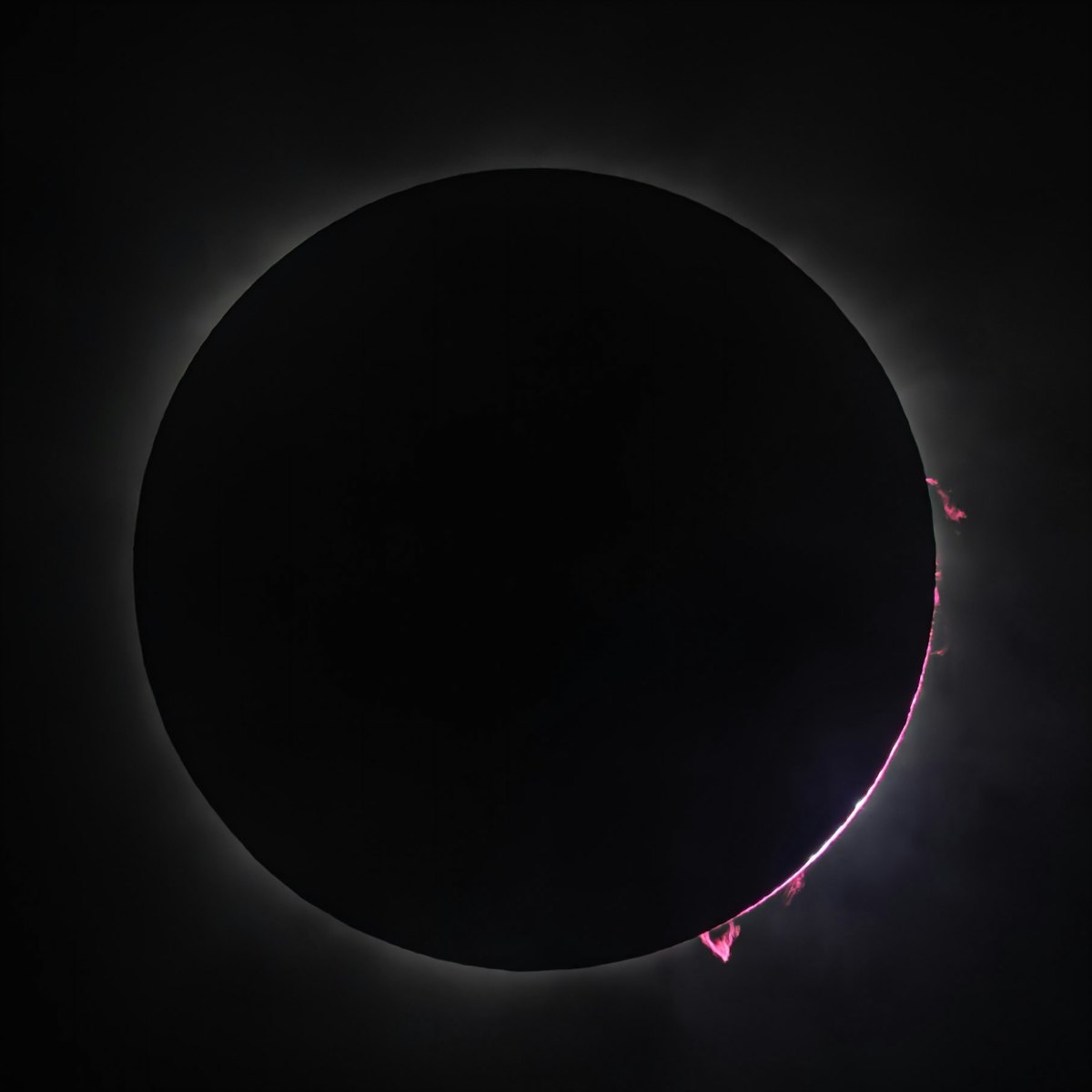 The Sun's white corona blazing around the black disc of the Moon during totality, with a solar prominence visible at the lower edge.