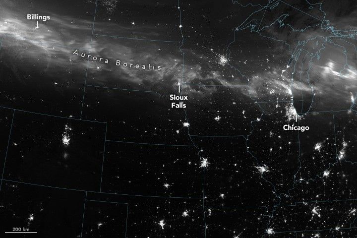 Aurora borealis seen from orbit during a historic geomagnetic storm, captured by NASA's Suomi NPP satellite over North America
