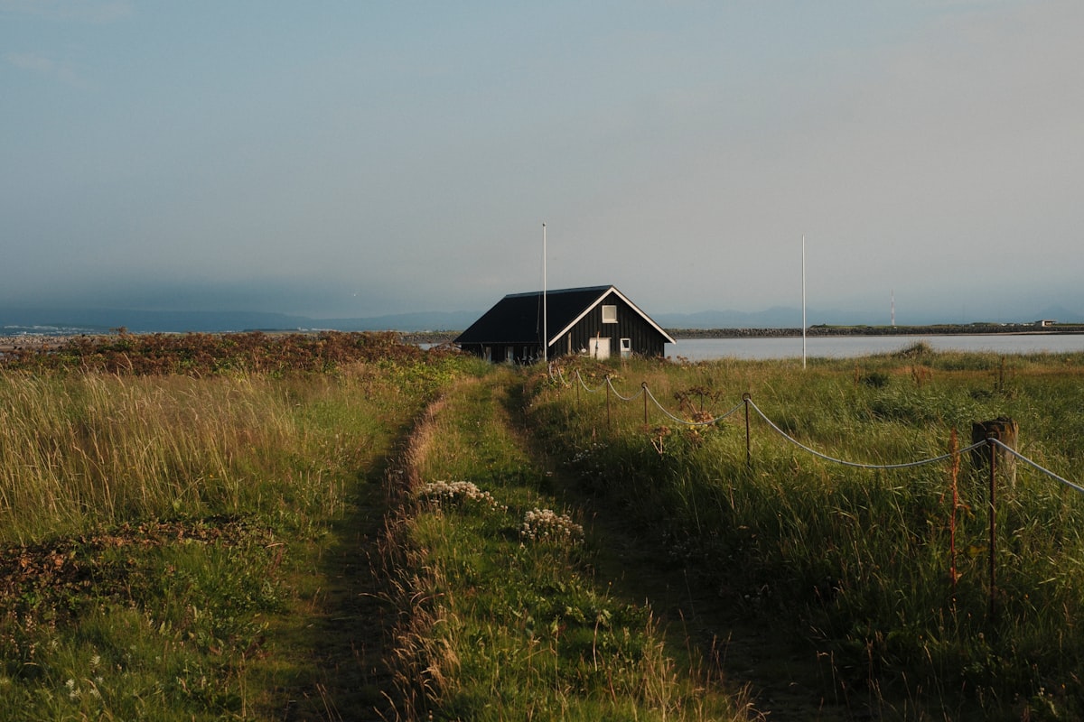 A single house standing alone in a wide, empty green Icelandic landscape with no other buildings or lights in sight.