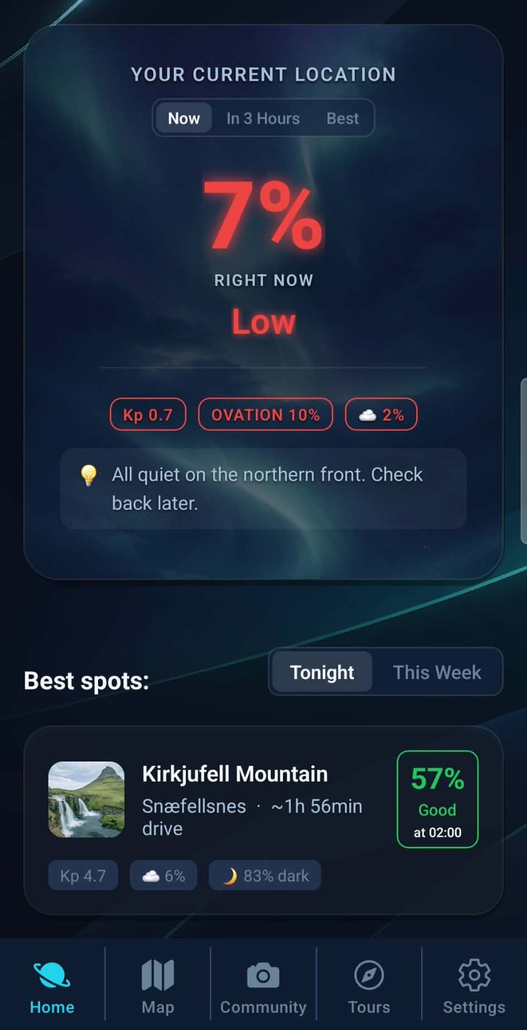 Aurora Iceland app home screen