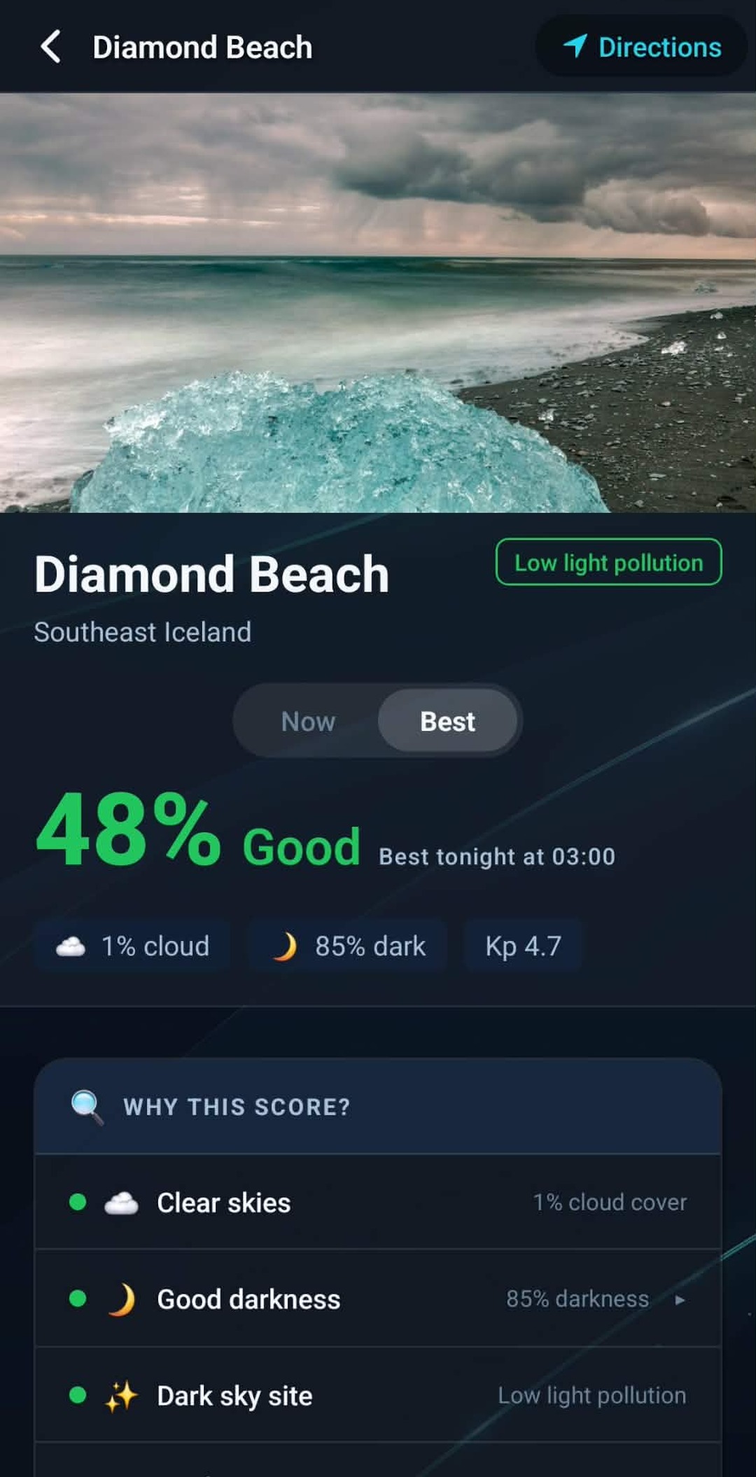 Spot detail with score breakdown