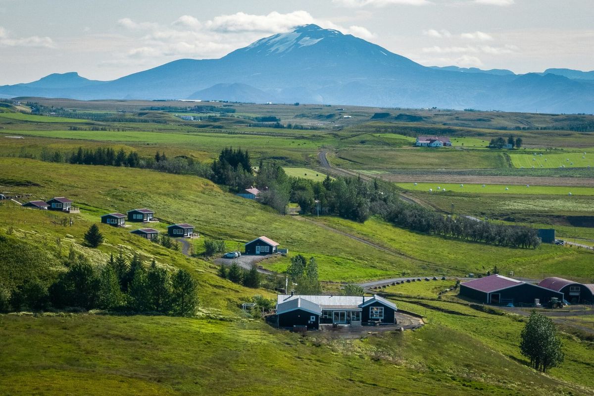 Hekla rising above the green South Iceland plains, with Hestheimar's buildings on the slope in the foreground